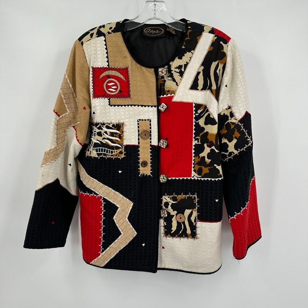 Alex Kim Womens Patchwork Maximalist Jacket Size XL Whimsical Animal Print Boho